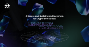 Cardano blockchain logo with blue abstract background, representing security and innovation.