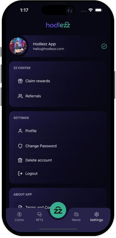 Mobile Screen image with Hodlezz app menu